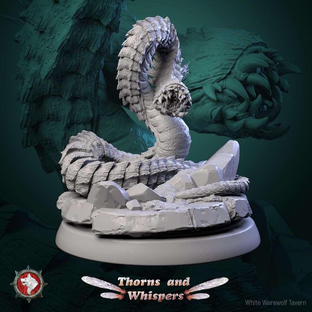Blooming Coilspawn Model 2, 32mm armored worm monster with plated tail arched overhead
