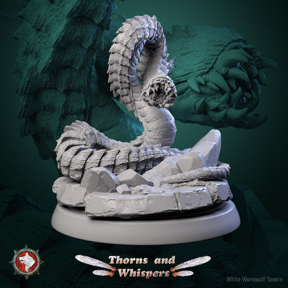 Blooming Coilspawn Model 2, 32mm armored worm monster with plated tail arched overhead