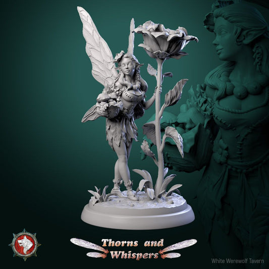 Blossomwing fairy miniature standing beside a giant flower with a basket of mushrooms, front view