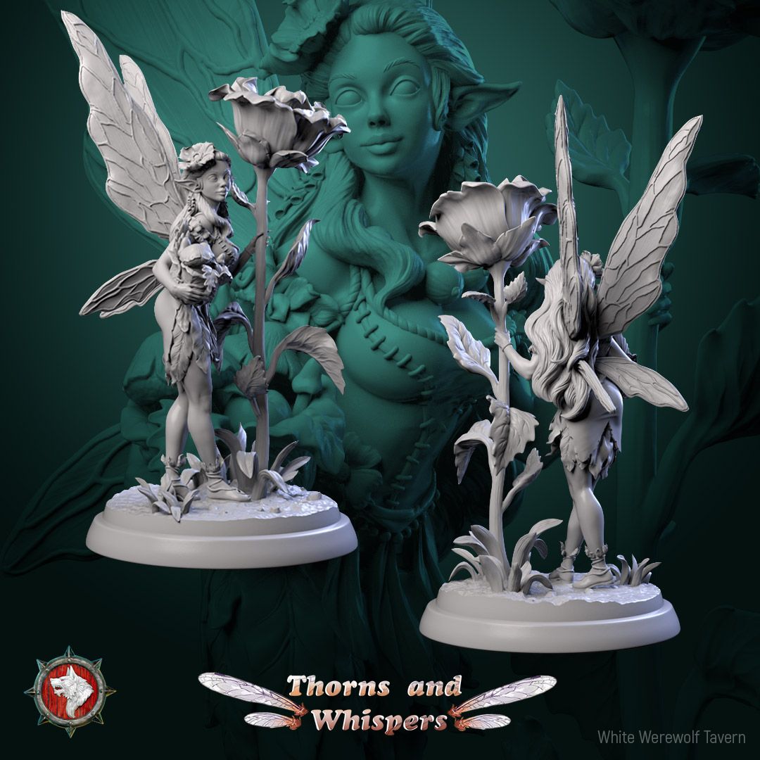 Blossomwing fairy miniature, back and rear three-quarter views showing the layered fairy wings