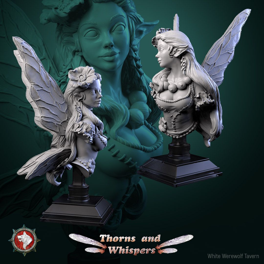 Blossomwing bust, side and three-quarter views on the display plinth