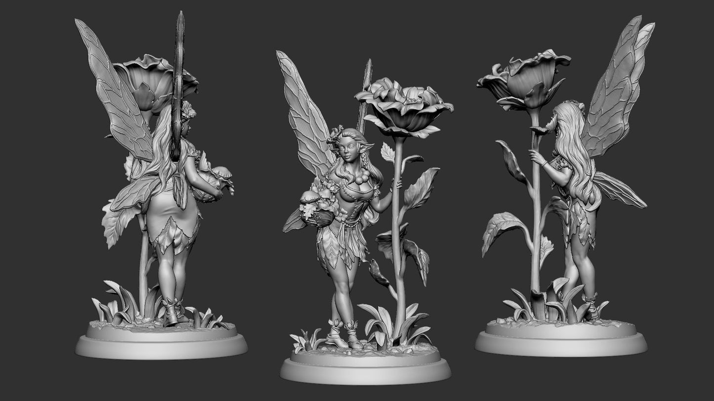 Blossomwing three-view turnaround render showing back, front and side of the sculpt