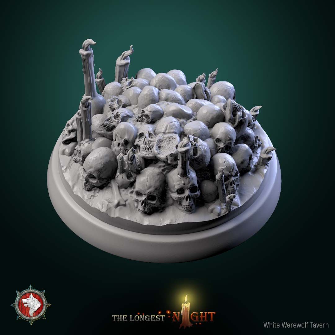 Render of Boneyard Base | 32mm Skull Pile Scenic Round: Scenic round piled with skulls, bones, and melting candles for dark-fantasy miniatures, from White Werewolf's The Longest Night. 3D printed resin.