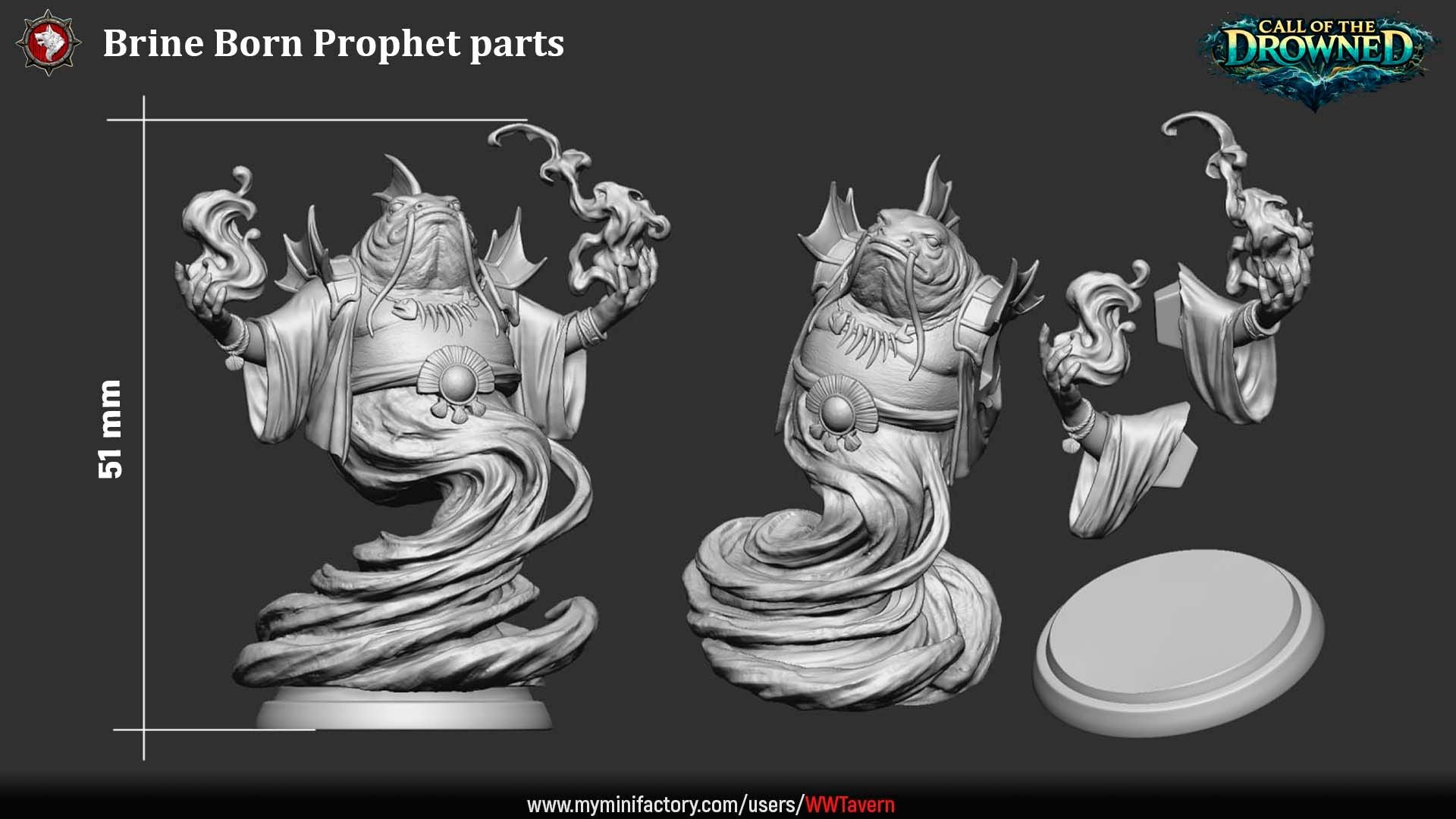 Render of Brine Born Prophet | 32mm Fishfolk Cult Priest Miniature: Robed fish-headed cult prophet with sea-magic swirling from raised claws, from White Werewolf's Call of the Drowned. 32mm 3D printed resin miniature.