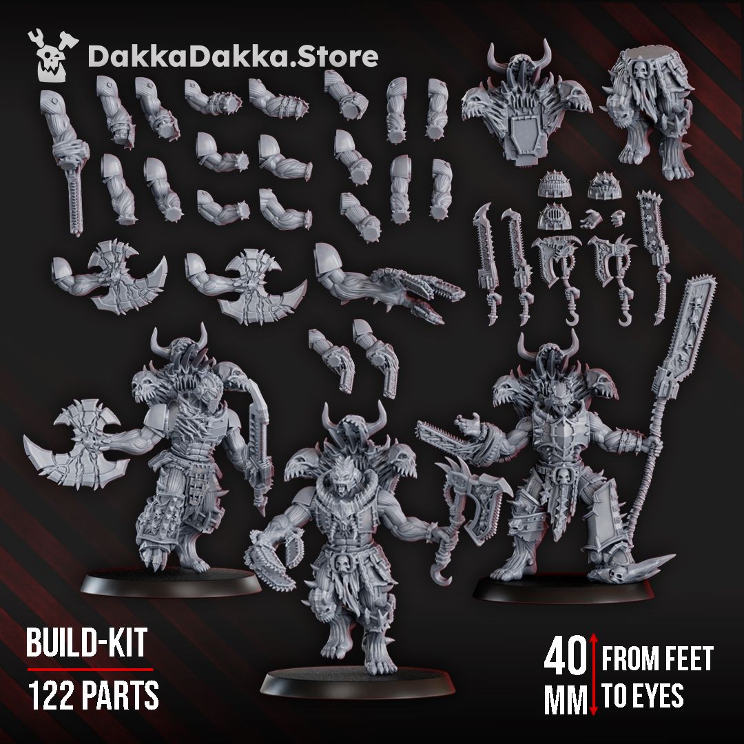 Three assembled horned, bone-armored Chaos warriors wielding chain-weapons, shown beside the kit's loose components of bodies, arms, and shoulder guards