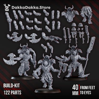 Three assembled horned, bone-armored Chaos warriors wielding chain-weapons, shown beside the kit's loose components of bodies, arms, and shoulder guards