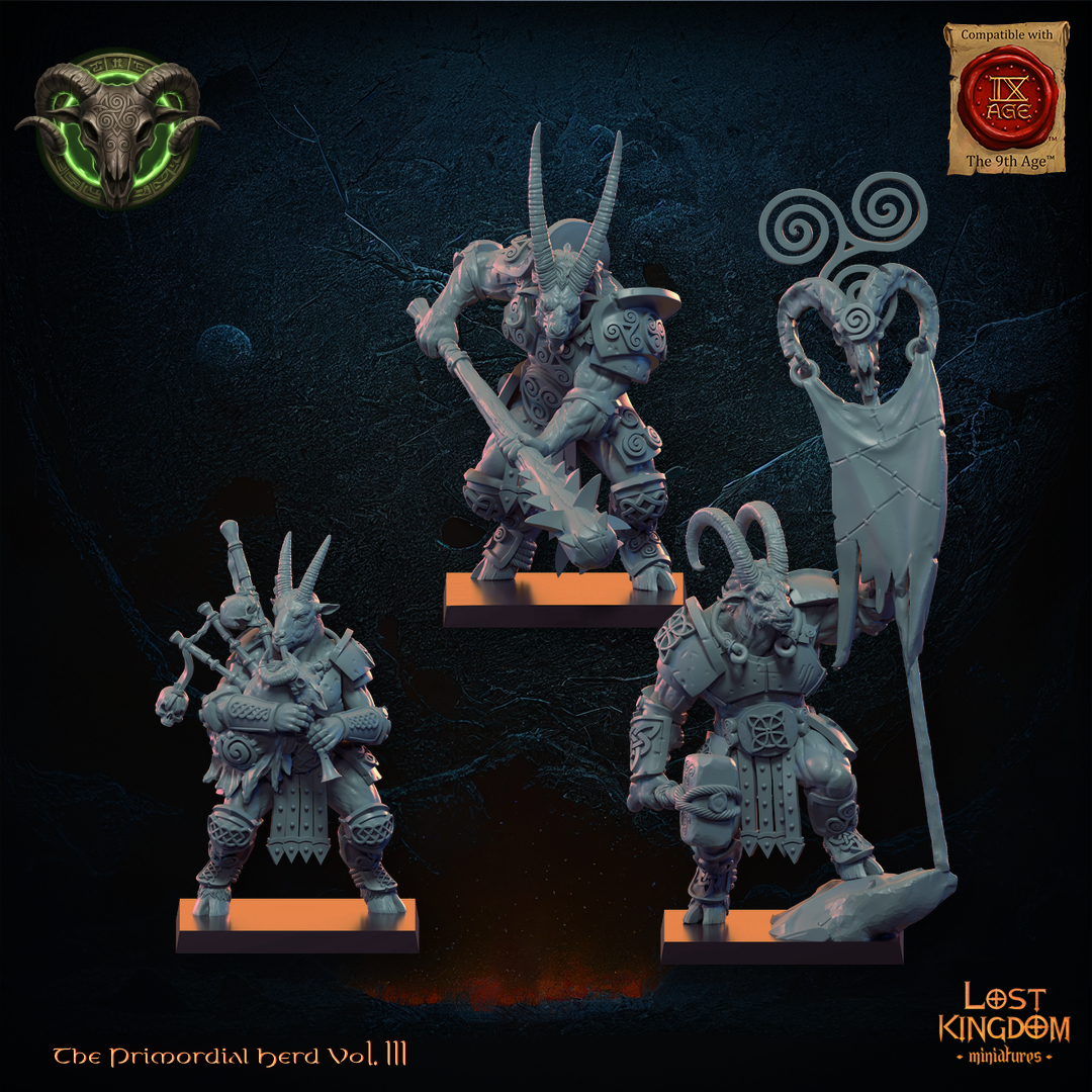 Longhorn Herd captain, standard bearer and musician (sold in the command group listing), front view, Lost Kingdom Miniatures render