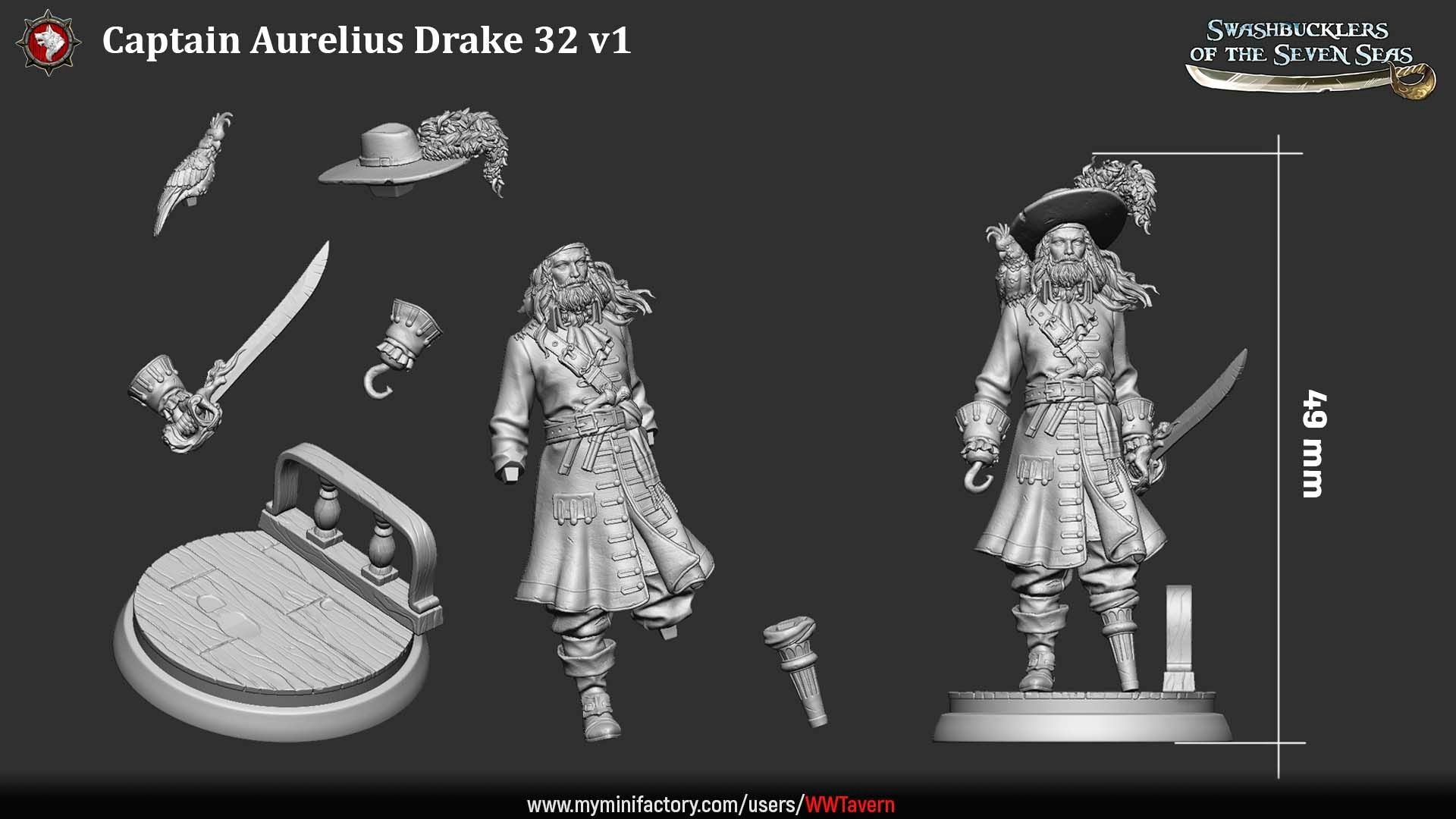 Render of Captain Aurelius Drake | 32-75mm Pirate Captain Miniature: Bearded pirate captain with parrot, cutlass, and hook-and-peg-leg build option, from White Werewolf's Swashbucklers of the Seven Seas. 32-75mm resin.