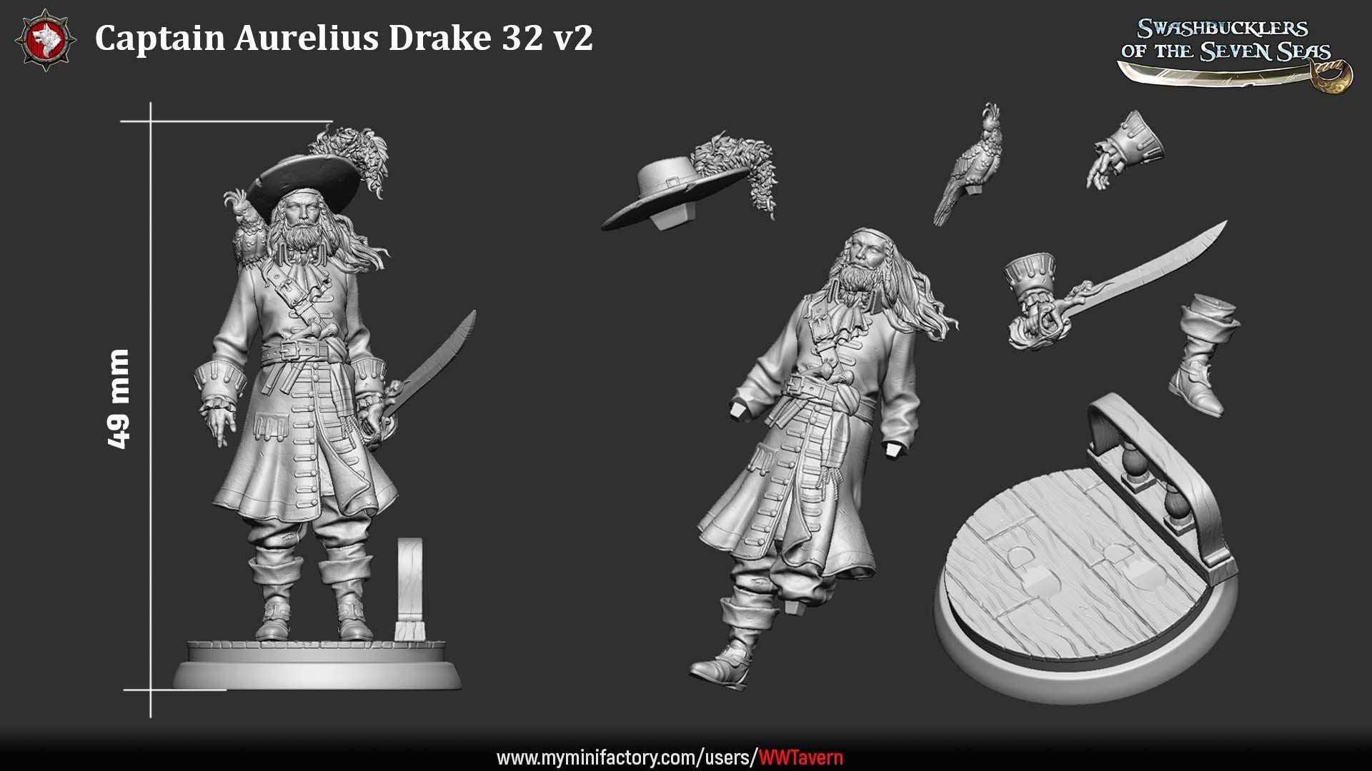 Render of Captain Aurelius Drake | 32-75mm Pirate Captain Miniature: Bearded pirate captain with parrot, cutlass, and hook-and-peg-leg build option, from White Werewolf's Swashbucklers of the Seven Seas. 32-75mm resin.