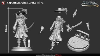 Render of Captain Aurelius Drake | 32-75mm Pirate Captain Miniature: Bearded pirate captain with parrot, cutlass, and hook-and-peg-leg build option, from White Werewolf's Swashbucklers of the Seven Seas. 32-75mm resin.