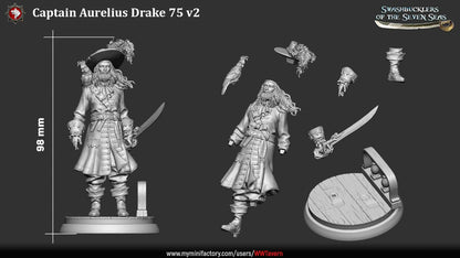 Render of Captain Aurelius Drake | 32-75mm Pirate Captain Miniature: Bearded pirate captain with parrot, cutlass, and hook-and-peg-leg build option, from White Werewolf's Swashbucklers of the Seven Seas. 32-75mm resin.