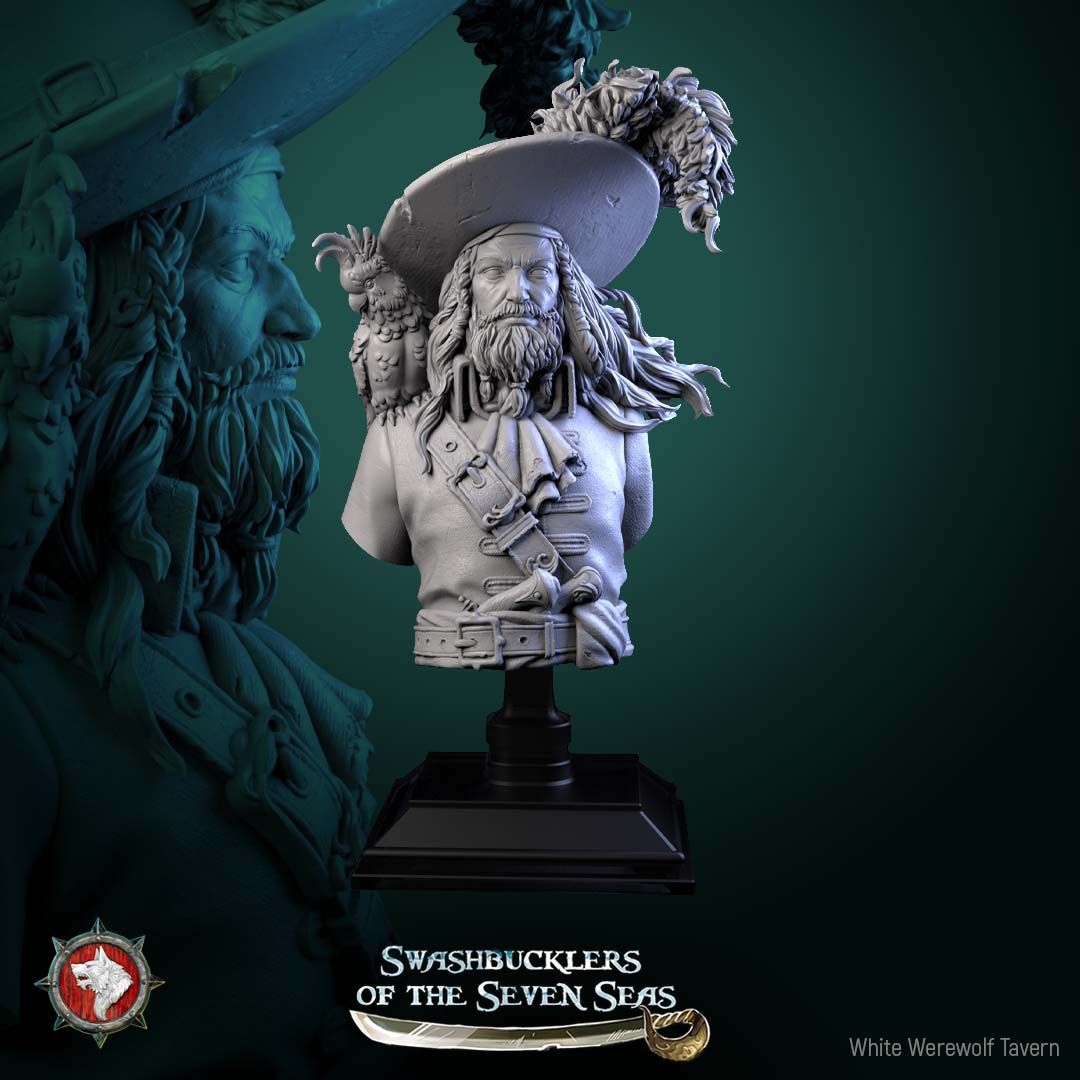 Render of Captain Aurelius Drake Bust | Pirate Captain Collector Bust: Bearded pirate captain bust with feathered tricorn and shoulder parrot, from White Werewolf's Swashbucklers of the Seven Seas. 3D printed resin bust.