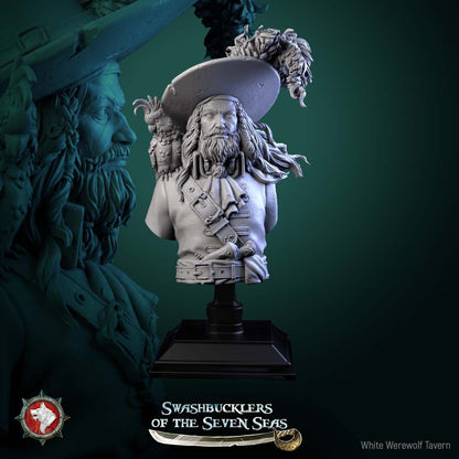Render of Captain Aurelius Drake Bust | Pirate Captain Collector Bust: Bearded pirate captain bust with feathered tricorn and shoulder parrot, from White Werewolf's Swashbucklers of the Seven Seas. 3D printed resin bust.