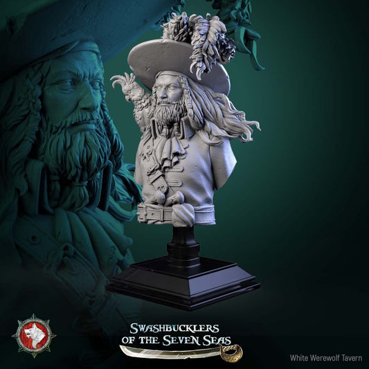 Render of Captain Aurelius Drake Bust | Pirate Captain Collector Bust: Bearded pirate captain bust with feathered tricorn and shoulder parrot, from White Werewolf's Swashbucklers of the Seven Seas. 3D printed resin bust.
