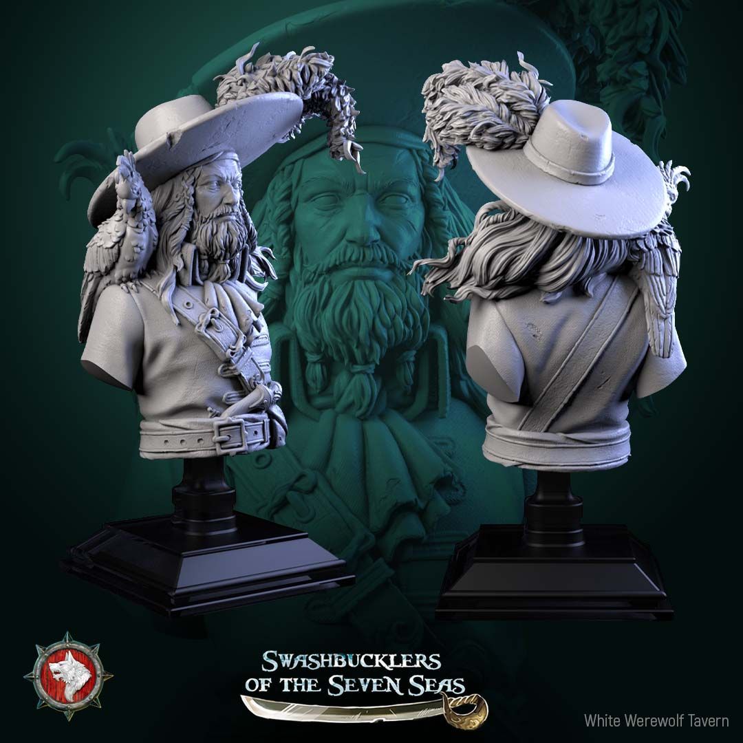 Render of Captain Aurelius Drake Bust | Pirate Captain Collector Bust: Bearded pirate captain bust with feathered tricorn and shoulder parrot, from White Werewolf's Swashbucklers of the Seven Seas. 3D printed resin bust.