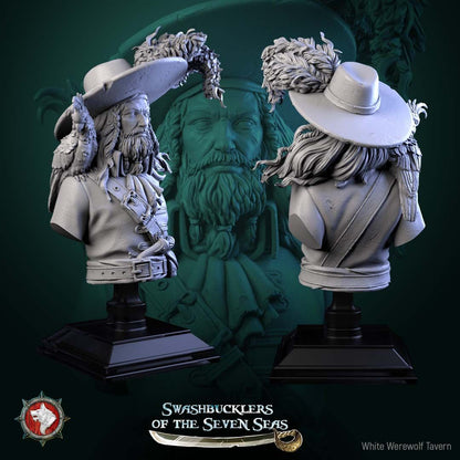 Render of Captain Aurelius Drake Bust | Pirate Captain Collector Bust: Bearded pirate captain bust with feathered tricorn and shoulder parrot, from White Werewolf's Swashbucklers of the Seven Seas. 3D printed resin bust.