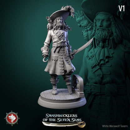 Render of Captain Aurelius Drake | 32-75mm Pirate Captain Miniature: Bearded pirate captain with parrot, cutlass, and hook-and-peg-leg build option, from White Werewolf's Swashbucklers of the Seven Seas. 32-75mm resin.
