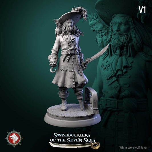 Render of Captain Aurelius Drake | 32-75mm Pirate Captain Miniature: Bearded pirate captain with parrot, cutlass, and hook-and-peg-leg build option, from White Werewolf's Swashbucklers of the Seven Seas. 32-75mm resin.