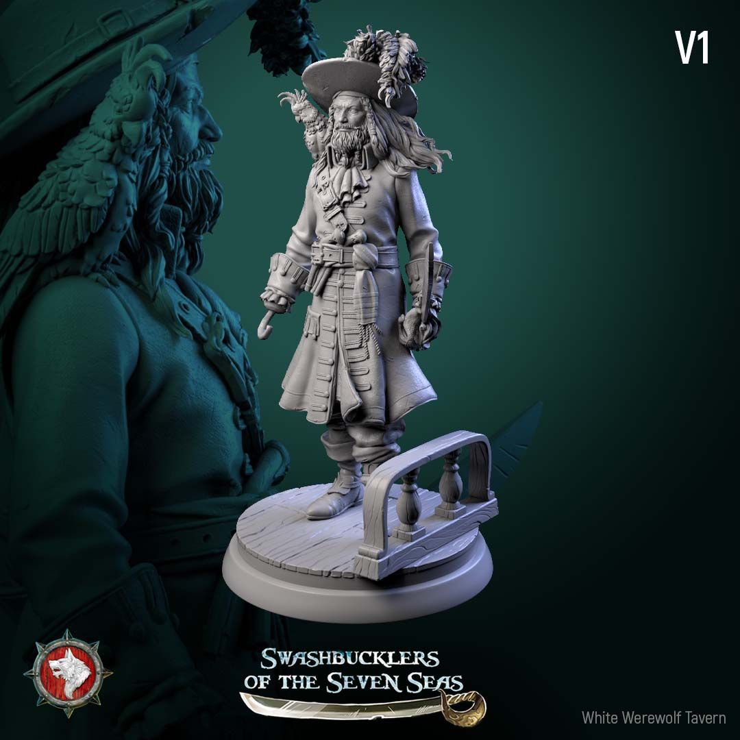 Render of Captain Aurelius Drake | 32-75mm Pirate Captain Miniature: Bearded pirate captain with parrot, cutlass, and hook-and-peg-leg build option, from White Werewolf's Swashbucklers of the Seven Seas. 32-75mm resin.