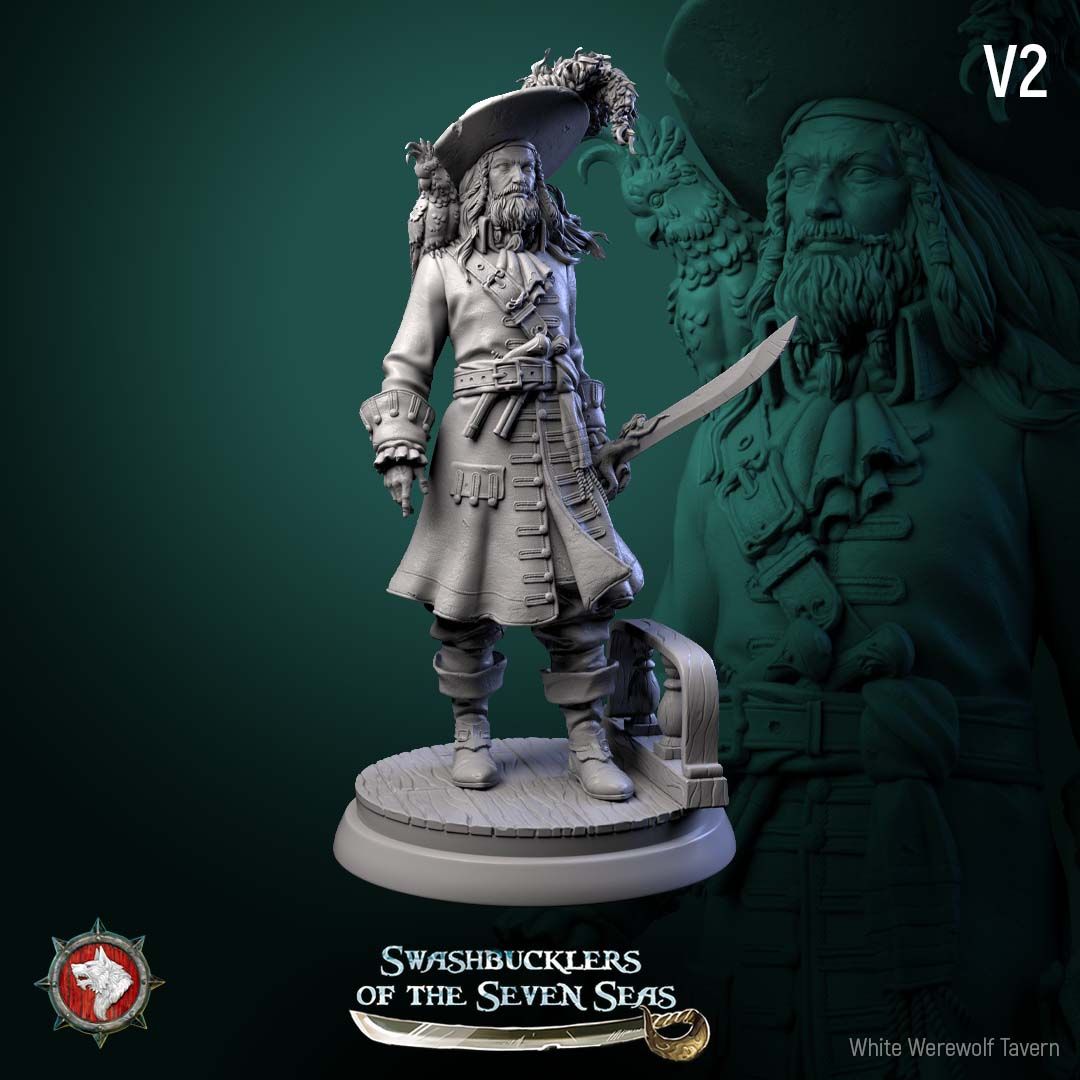 Render of Captain Aurelius Drake | 32-75mm Pirate Captain Miniature: Bearded pirate captain with parrot, cutlass, and hook-and-peg-leg build option, from White Werewolf's Swashbucklers of the Seven Seas. 32-75mm resin.