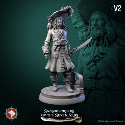 Render of Captain Aurelius Drake | 32-75mm Pirate Captain Miniature: Bearded pirate captain with parrot, cutlass, and hook-and-peg-leg build option, from White Werewolf's Swashbucklers of the Seven Seas. 32-75mm resin.
