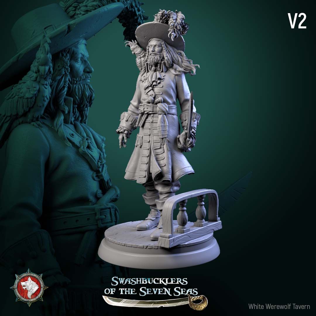 Render of Captain Aurelius Drake | 32-75mm Pirate Captain Miniature: Bearded pirate captain with parrot, cutlass, and hook-and-peg-leg build option, from White Werewolf's Swashbucklers of the Seven Seas. 32-75mm resin.