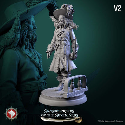 Render of Captain Aurelius Drake | 32-75mm Pirate Captain Miniature: Bearded pirate captain with parrot, cutlass, and hook-and-peg-leg build option, from White Werewolf's Swashbucklers of the Seven Seas. 32-75mm resin.