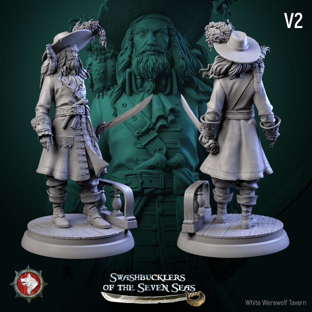 Render of Captain Aurelius Drake | 32-75mm Pirate Captain Miniature: Bearded pirate captain with parrot, cutlass, and hook-and-peg-leg build option, from White Werewolf's Swashbucklers of the Seven Seas. 32-75mm resin.