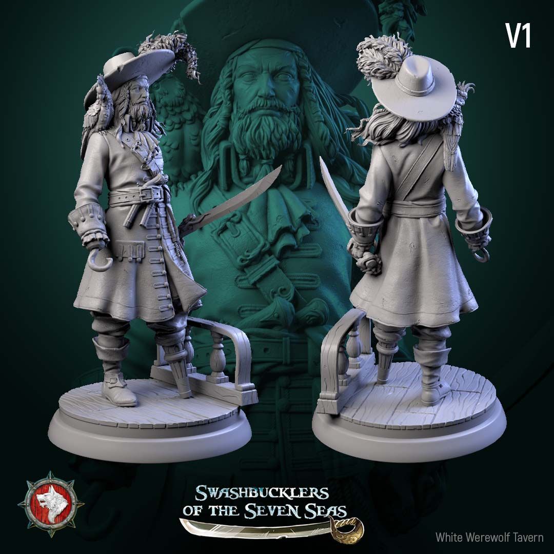 Render of Captain Aurelius Drake | 32-75mm Pirate Captain Miniature: Bearded pirate captain with parrot, cutlass, and hook-and-peg-leg build option, from White Werewolf's Swashbucklers of the Seven Seas. 32-75mm resin.