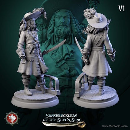 Render of Captain Aurelius Drake | 32-75mm Pirate Captain Miniature: Bearded pirate captain with parrot, cutlass, and hook-and-peg-leg build option, from White Werewolf's Swashbucklers of the Seven Seas. 32-75mm resin.