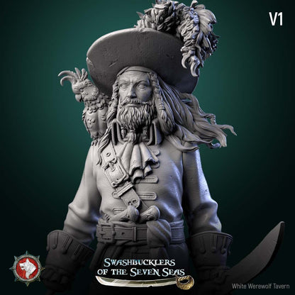 Render of Captain Aurelius Drake | 32-75mm Pirate Captain Miniature: Bearded pirate captain with parrot, cutlass, and hook-and-peg-leg build option, from White Werewolf's Swashbucklers of the Seven Seas. 32-75mm resin.