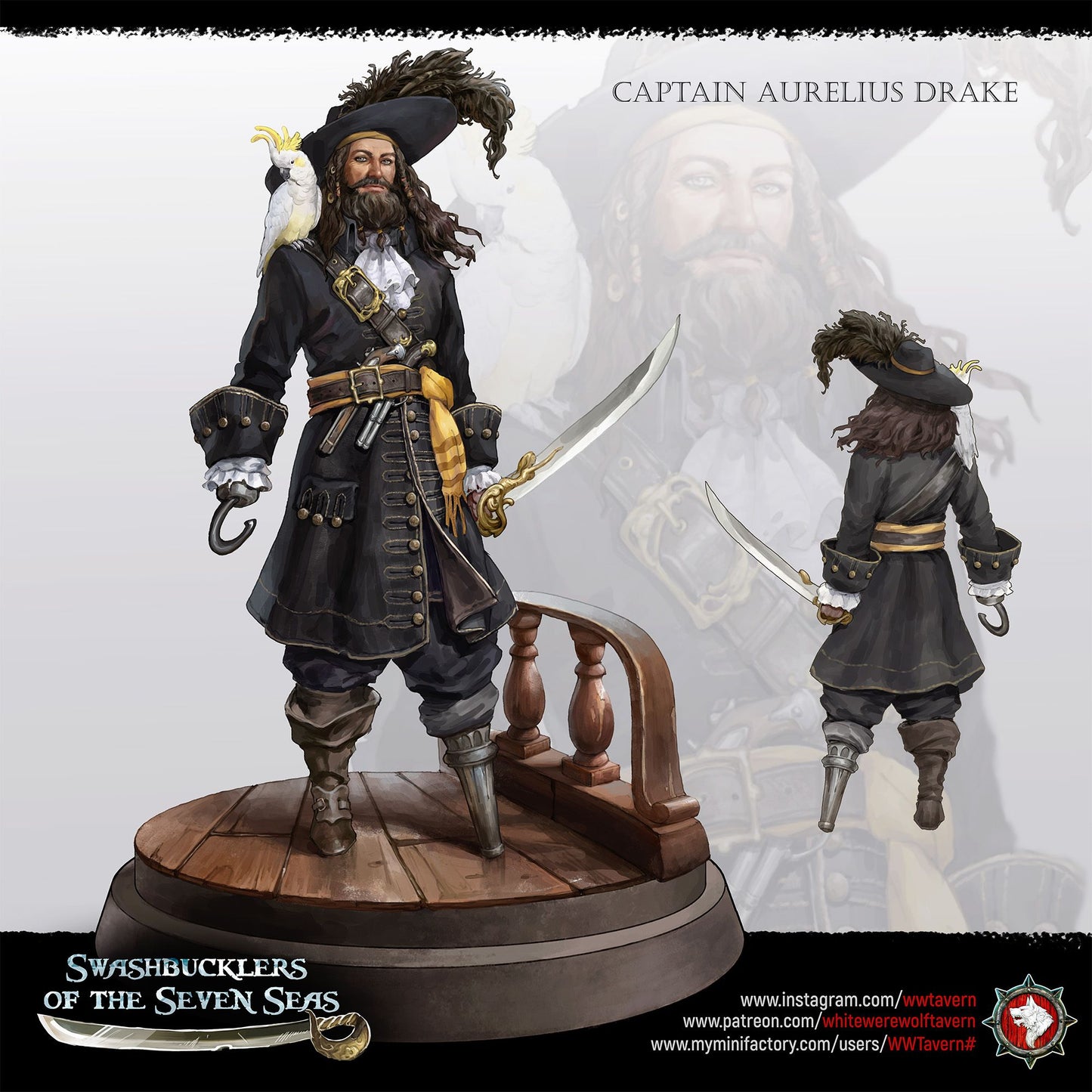 Render of Captain Aurelius Drake | 32-75mm Pirate Captain Miniature: Bearded pirate captain with parrot, cutlass, and hook-and-peg-leg build option, from White Werewolf's Swashbucklers of the Seven Seas. 32-75mm resin.