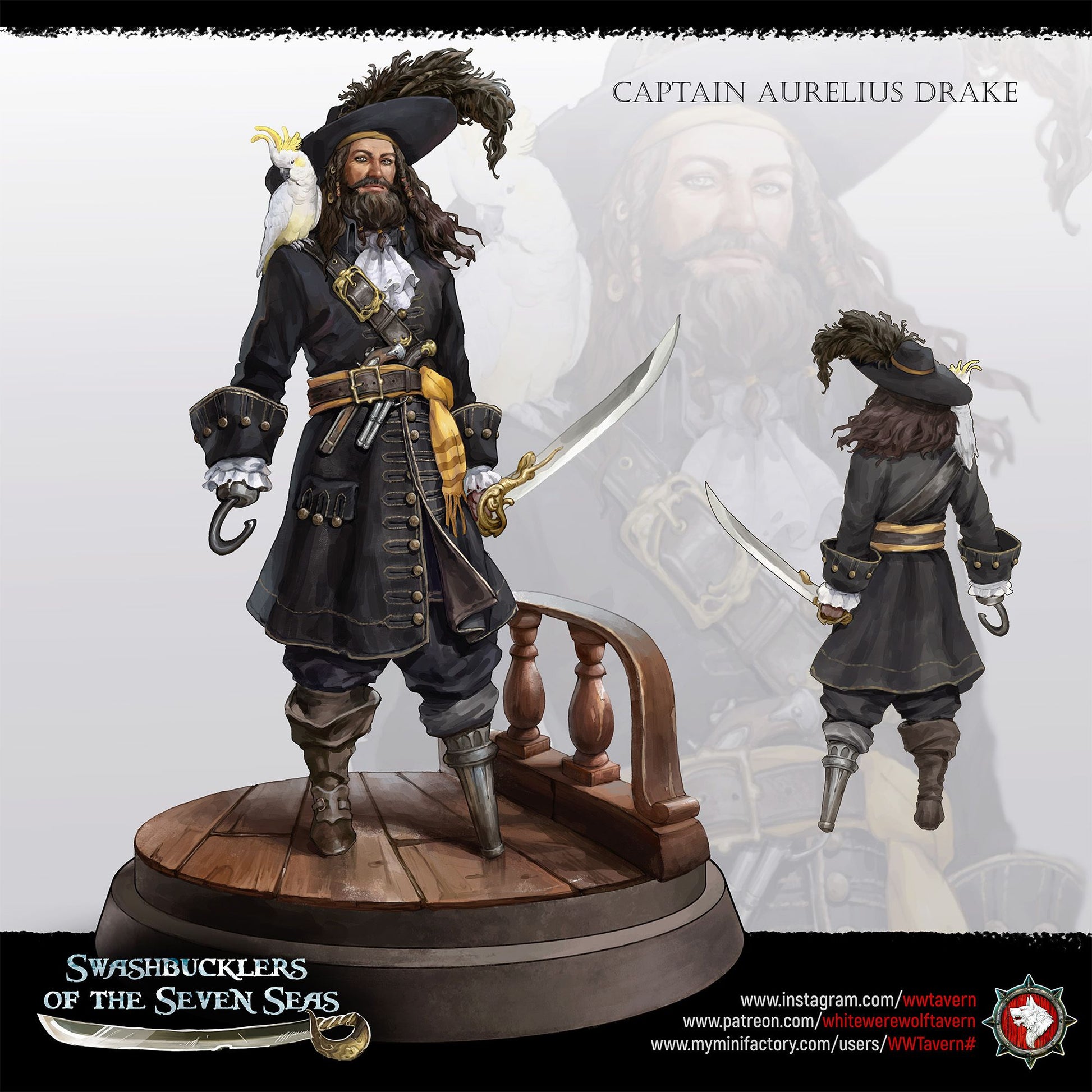 Render of Captain Aurelius Drake | 32-75mm Pirate Captain Miniature: Bearded pirate captain with parrot, cutlass, and hook-and-peg-leg build option, from White Werewolf's Swashbucklers of the Seven Seas. 32-75mm resin.