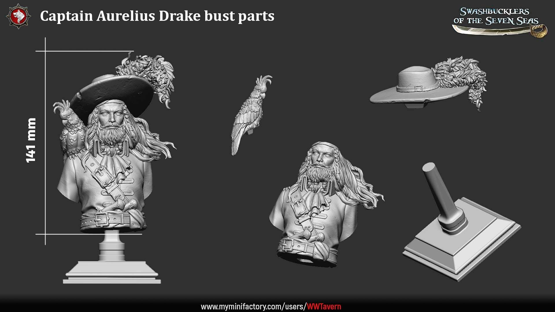 Render of Captain Aurelius Drake Bust | Pirate Captain Collector Bust: Bearded pirate captain bust with feathered tricorn and shoulder parrot, from White Werewolf's Swashbucklers of the Seven Seas. 3D printed resin bust.