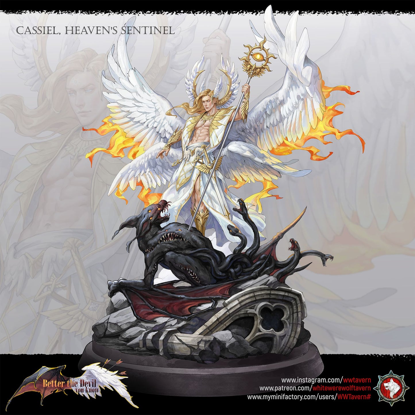 Render of Cassiel Heaven's Sentinel | 32-75mm Archangel Diorama: Six-winged archangel with eye-sigil staff over a serpent hydra, from White Werewolf's Better the Devil You Know. 32-75mm 3D printed resin centerpiece.