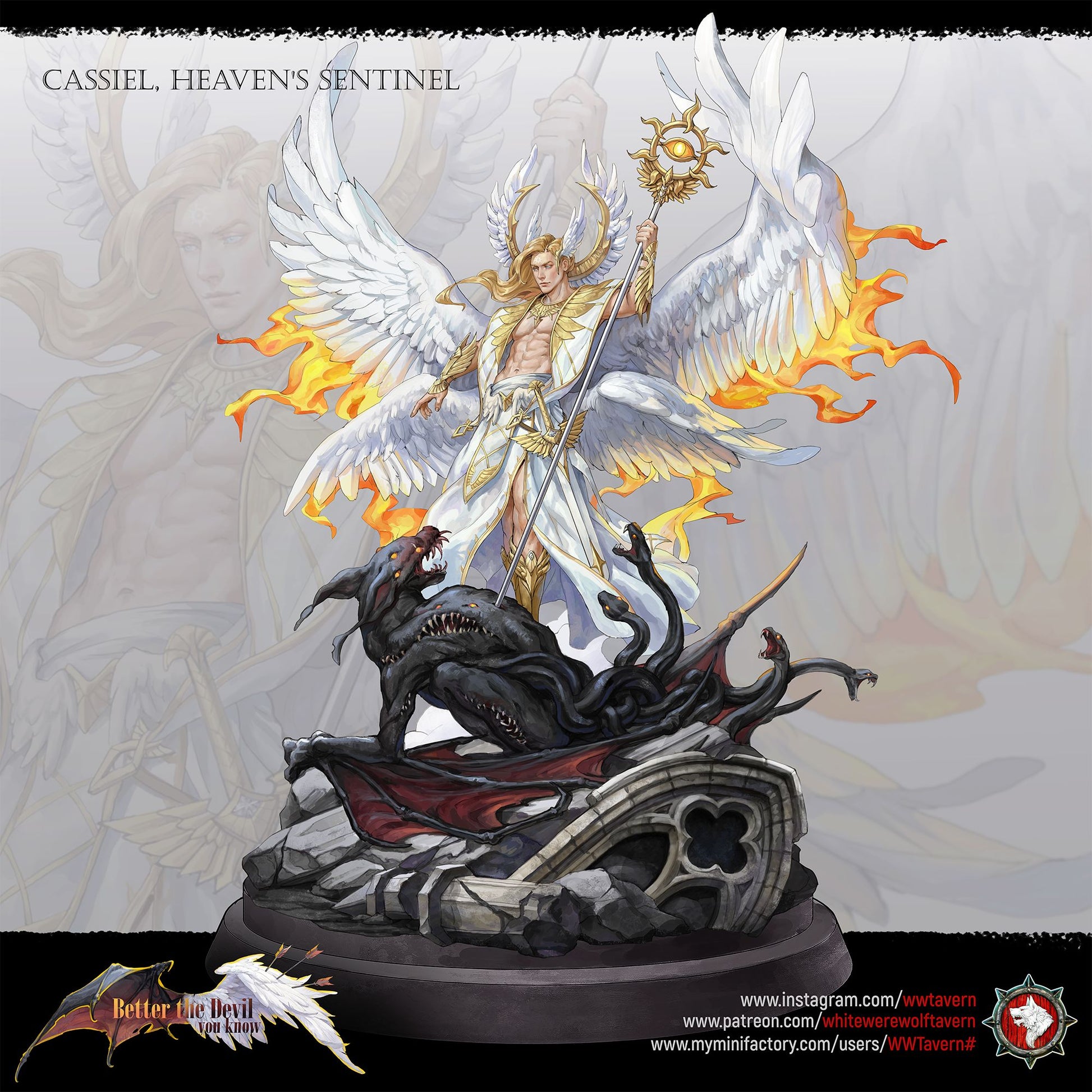 Render of Cassiel Heaven's Sentinel | 32-75mm Archangel Diorama: Six-winged archangel with eye-sigil staff over a serpent hydra, from White Werewolf's Better the Devil You Know. 32-75mm 3D printed resin centerpiece.