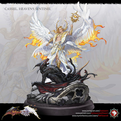 Render of Cassiel Heaven's Sentinel | 32-75mm Archangel Diorama: Six-winged archangel with eye-sigil staff over a serpent hydra, from White Werewolf's Better the Devil You Know. 32-75mm 3D printed resin centerpiece.