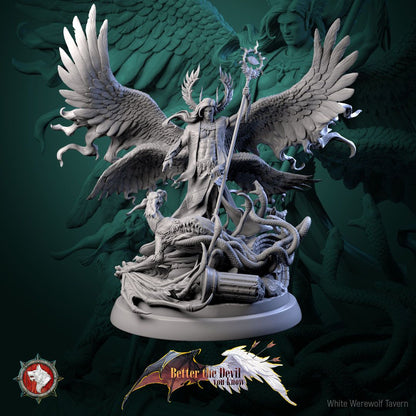 Render of Cassiel Heaven's Sentinel | 32-75mm Archangel Diorama: Six-winged archangel with eye-sigil staff over a serpent hydra, from White Werewolf's Better the Devil You Know. 32-75mm 3D printed resin centerpiece.