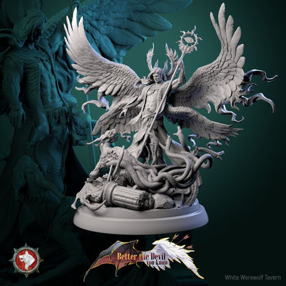 Render of Cassiel Heaven's Sentinel | 32-75mm Archangel Diorama: Six-winged archangel with eye-sigil staff over a serpent hydra, from White Werewolf's Better the Devil You Know. 32-75mm 3D printed resin centerpiece.
