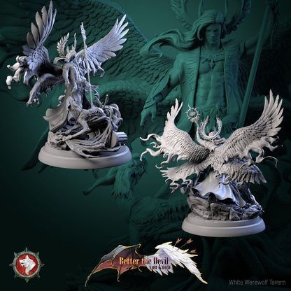 Render of Cassiel Heaven's Sentinel | 32-75mm Archangel Diorama: Six-winged archangel with eye-sigil staff over a serpent hydra, from White Werewolf's Better the Devil You Know. 32-75mm 3D printed resin centerpiece.