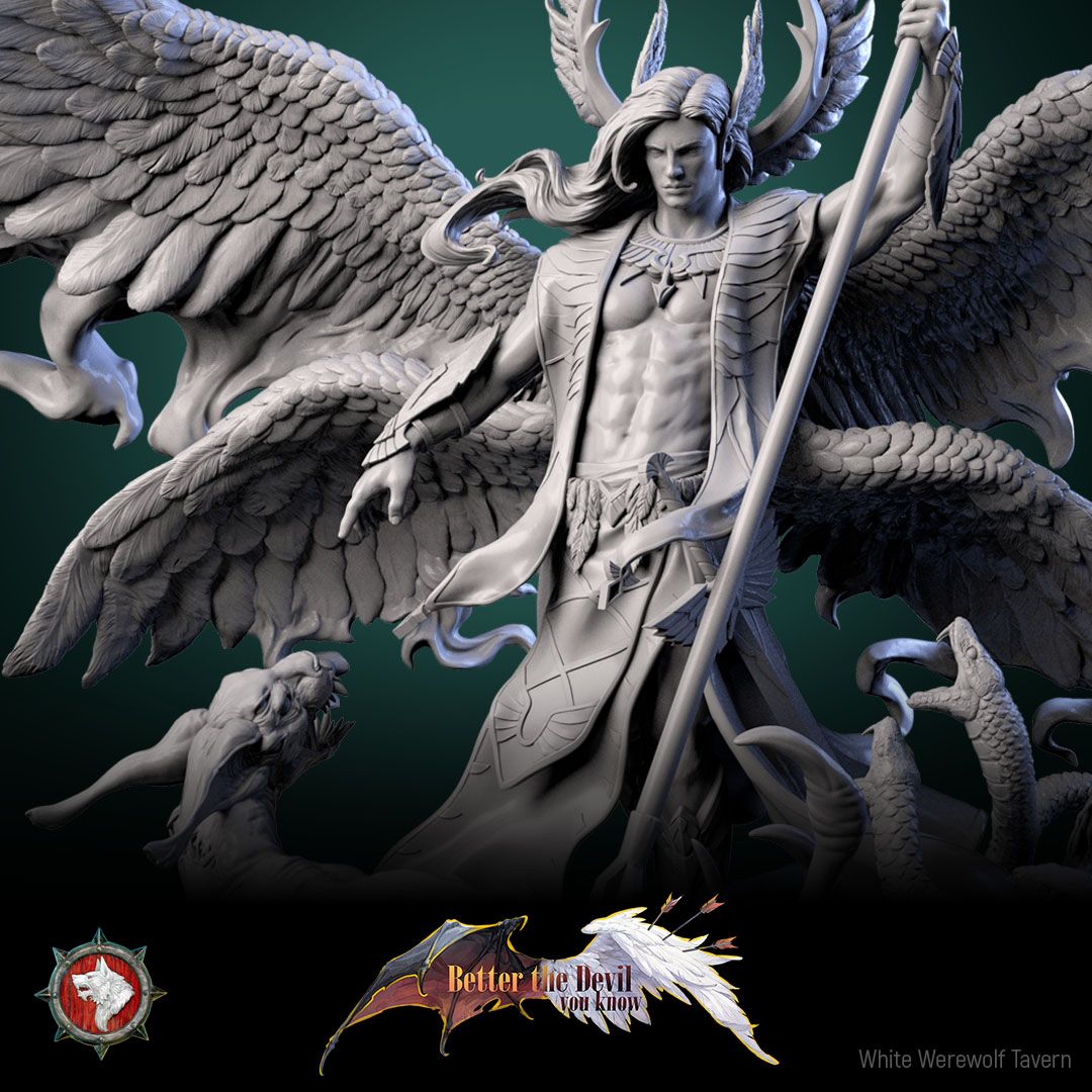 Render of Cassiel Heaven's Sentinel | 32-75mm Archangel Diorama: Six-winged archangel with eye-sigil staff over a serpent hydra, from White Werewolf's Better the Devil You Know. 32-75mm 3D printed resin centerpiece.