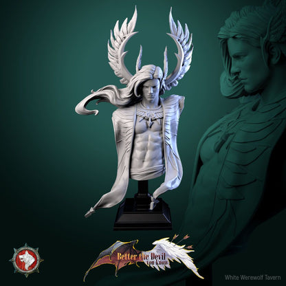 Render of Cassiel Bust | Archangel Collector Bust: Six-winged archangel sentinel bust with winged pauldron, from White Werewolf's Better the Devil You Know. 3D printed resin collector bust with stand.