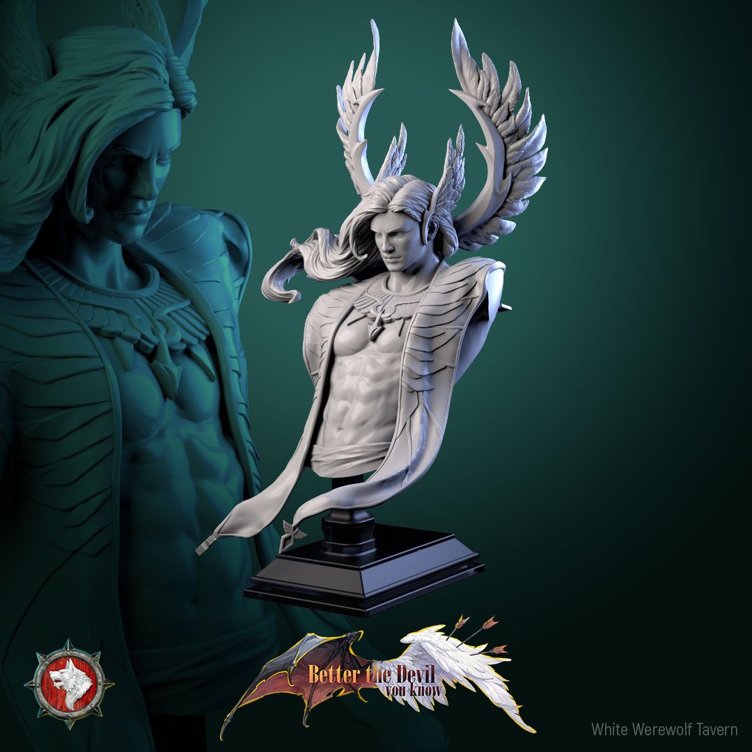 Render of Cassiel Bust | Archangel Collector Bust: Six-winged archangel sentinel bust with winged pauldron, from White Werewolf's Better the Devil You Know. 3D printed resin collector bust with stand.
