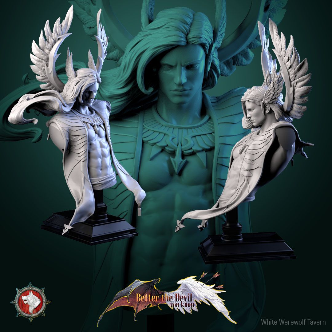 Render of Cassiel Bust | Archangel Collector Bust: Six-winged archangel sentinel bust with winged pauldron, from White Werewolf's Better the Devil You Know. 3D printed resin collector bust with stand.