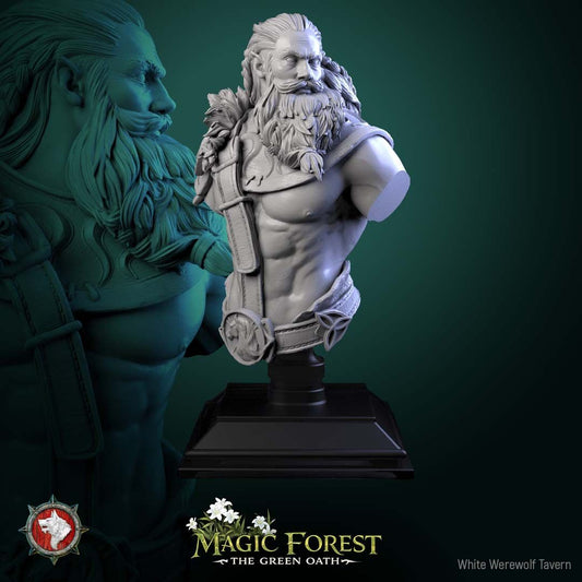 Render of Centaur Warrior Bust | Fantasy Centaur Collector Bust: Bearded wild centaur bust with fur mantle and horse-head baldric, from White Werewolf's Magic Forest: The Green Oath. 3D printed resin collector bust.
