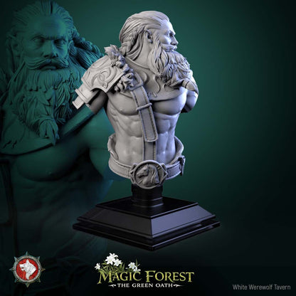 Render of Centaur Warrior Bust | Fantasy Centaur Collector Bust: Bearded wild centaur bust with fur mantle and horse-head baldric, from White Werewolf's Magic Forest: The Green Oath. 3D printed resin collector bust.