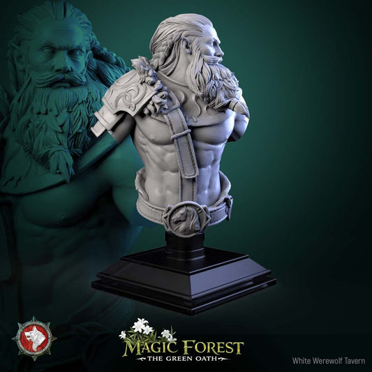 Render of Centaur Warrior Bust | Fantasy Centaur Collector Bust: Bearded wild centaur bust with fur mantle and horse-head baldric, from White Werewolf's Magic Forest: The Green Oath. 3D printed resin collector bust.
