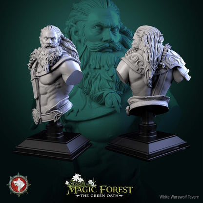 Render of Centaur Warrior Bust | Fantasy Centaur Collector Bust: Bearded wild centaur bust with fur mantle and horse-head baldric, from White Werewolf's Magic Forest: The Green Oath. 3D printed resin collector bust.