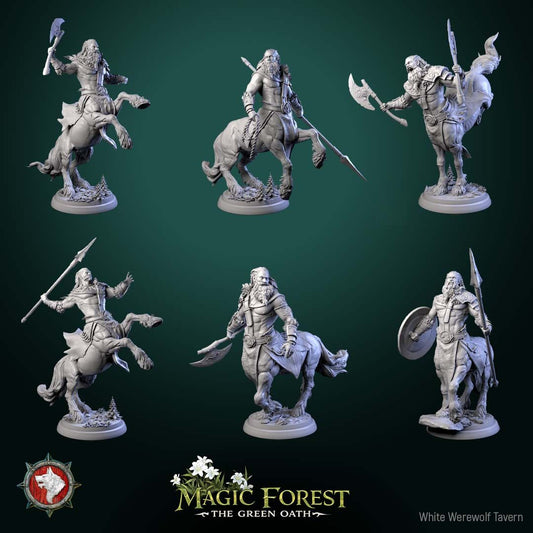 Render of Centaur Warriors | 32mm Fantasy Centaur Miniatures: Six wild bearded centaur warriors with axes, spears, and shield, from White Werewolf's Magic Forest: The Green Oath. 32mm 3D printed resin, single or set.