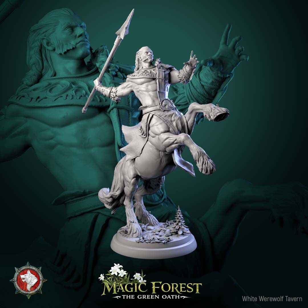Render of Centaur Warriors | 32mm Fantasy Centaur Miniatures: Six wild bearded centaur warriors with axes, spears, and shield, from White Werewolf's Magic Forest: The Green Oath. 32mm 3D printed resin, single or set.